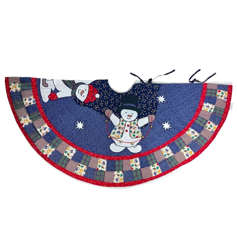 C&F Enterprises VTG Snowman Christmas Tree Skirt Quilted Patchwork Plaid Cotton